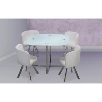 Conjunto Mesa de Comedor Fija Teca con 4 Sillas Cristal y Blanco